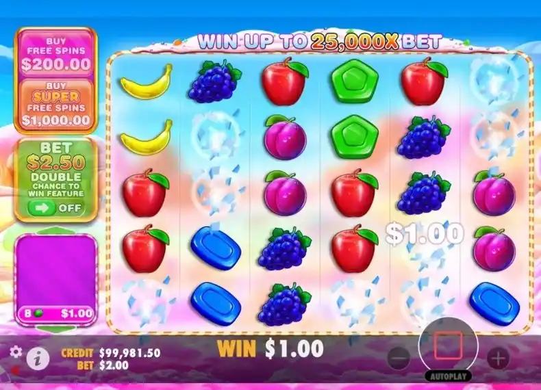Sweet Bonanza slot base game with fruits and candies on 6x5 grid