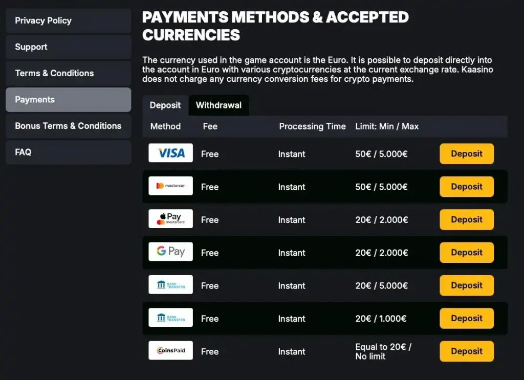 Kaasino detailed bonus terms and conditions with reload and free spins offers