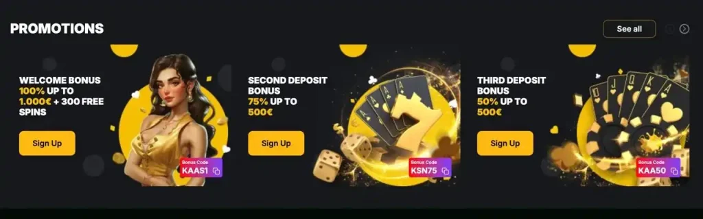 Kaasino promotions banner with welcome bonus and bonus codes