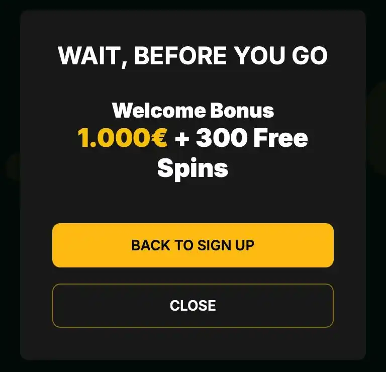 Kaasino exit popup with welcome bonus €1000 + 300 free spins