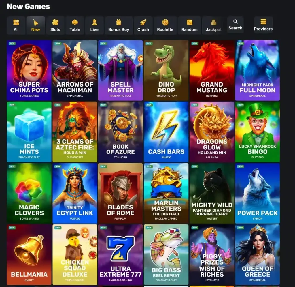 Kaasino new games section with Spell Master, Dino Drop and Cash Bars