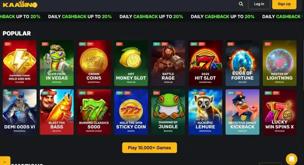 Kaasino casino homepage with popular slots and live games