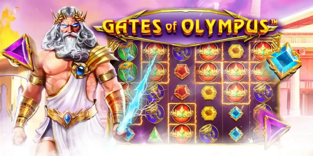 Gates of Olympus slot base game with Zeus beside the reels