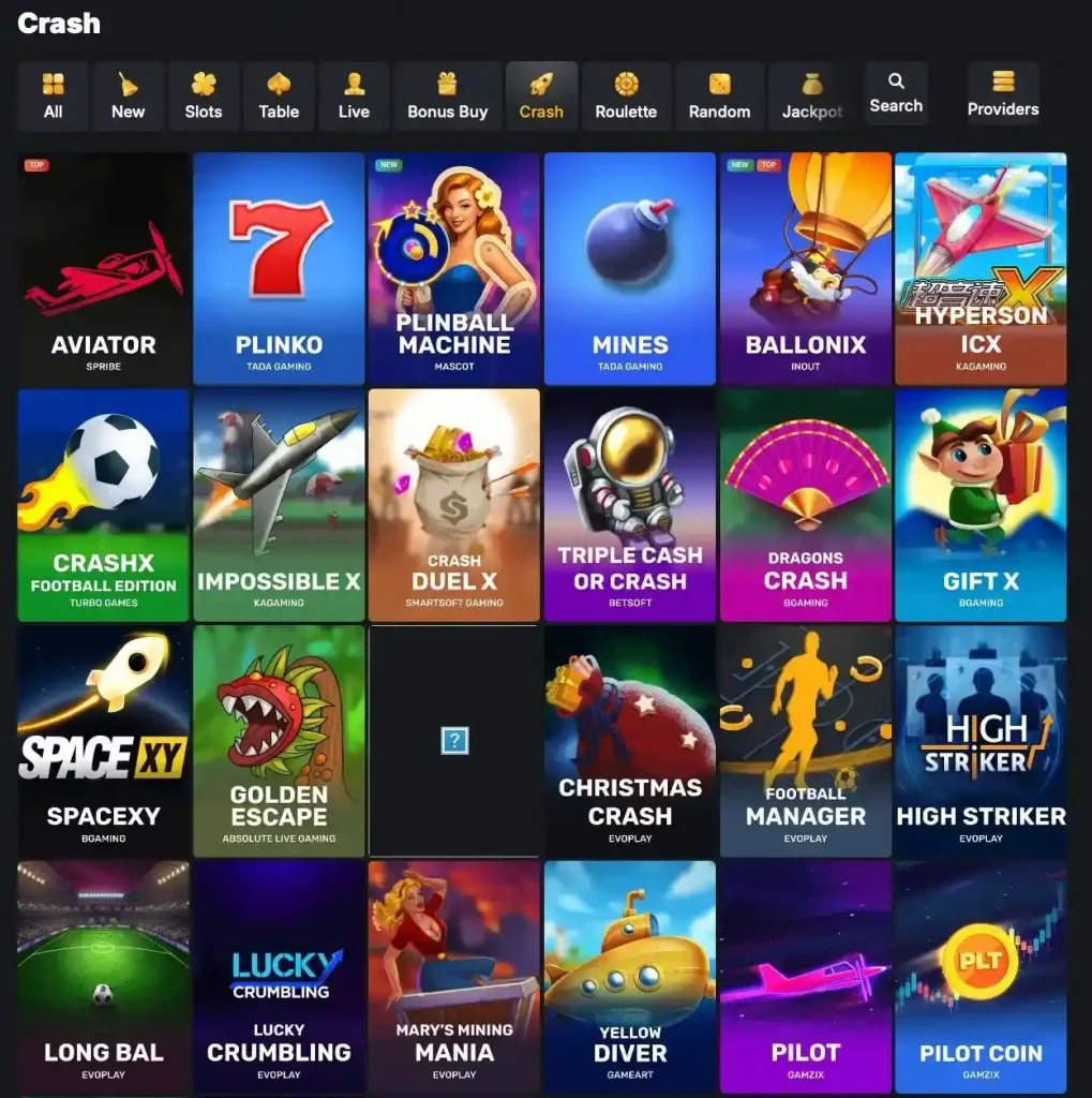 Kaasino crash games lobby with Aviator, Plinko and Mines