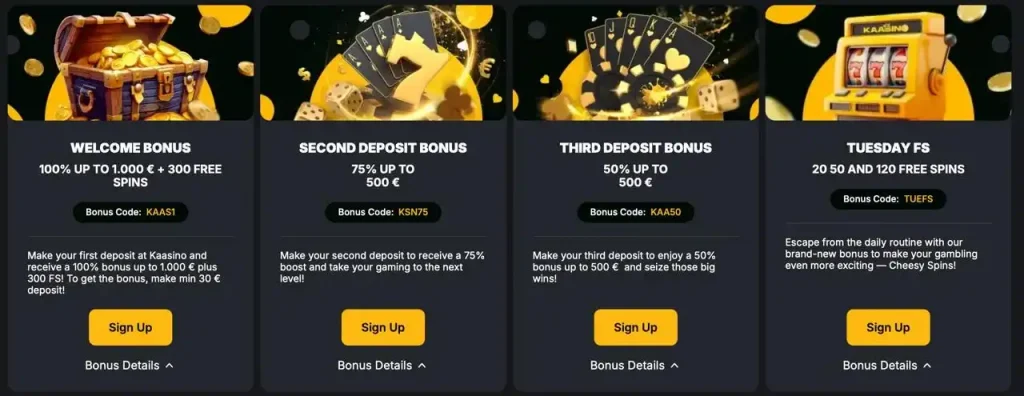Kaasino bonus details with welcome, second deposit and Tuesday free spins