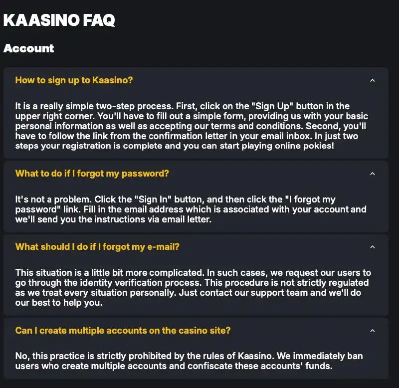 Kaasino FAQ page with account help and responsible gaming info