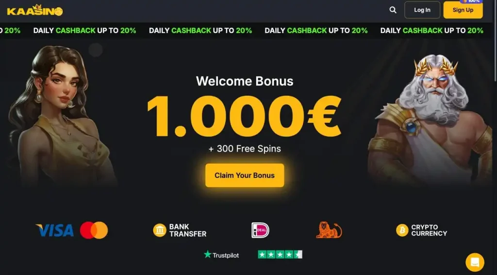 Kaasino welcome bonus €1000 and 300 free spins offer