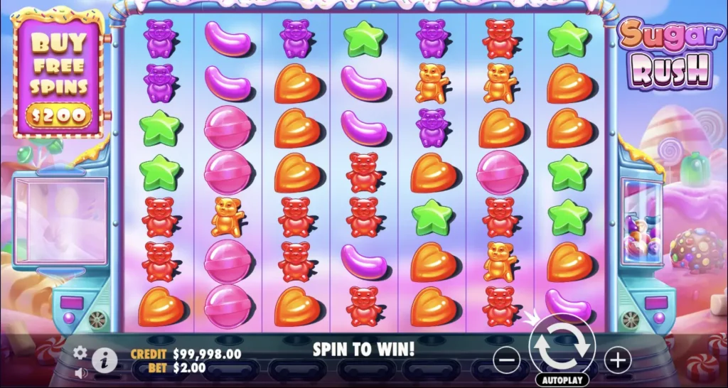 Sugar Rush slot base game with colorful candies on 7x7 grid