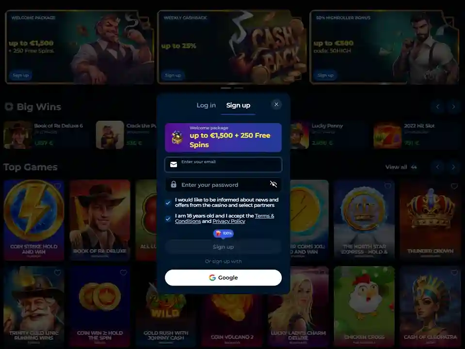 Piper Spin Casino registration popup with welcome bonus and sign up form