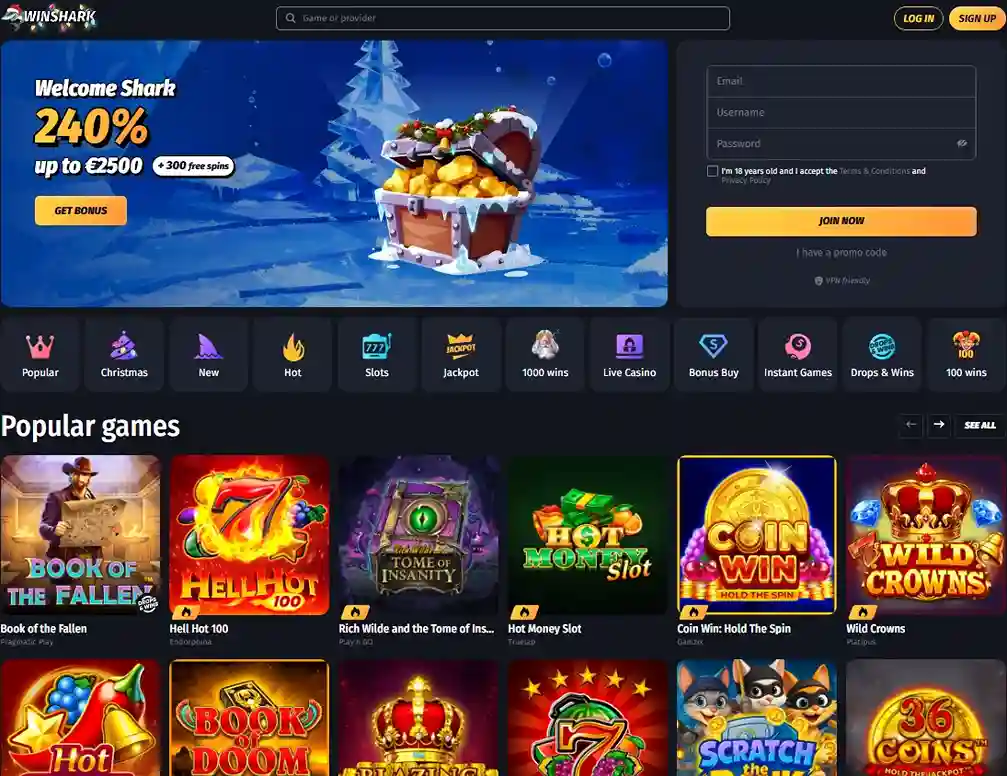 WinShark Casino homepage with featured games, bonus banner, and popular slots