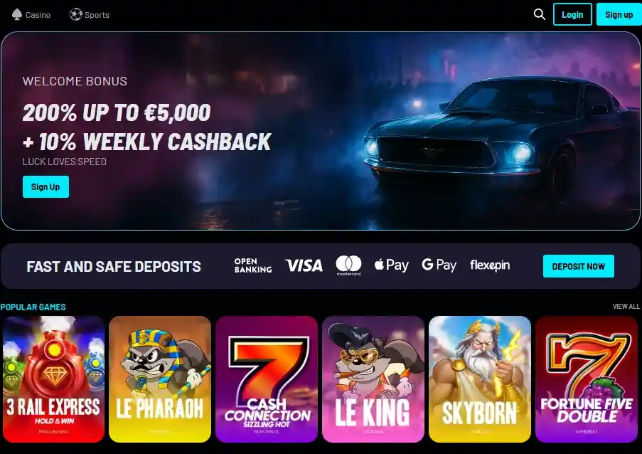 Online casino promotion banner with welcome bonus and features